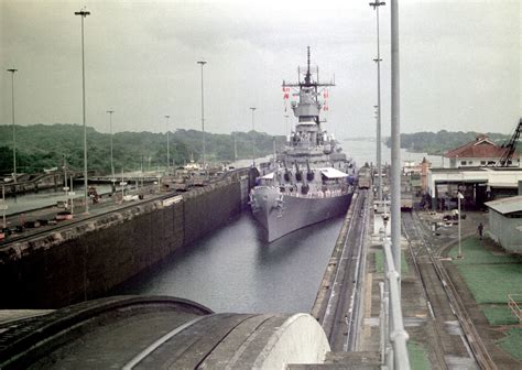 A Port Bow View Of The Battleship Uss Missouri Bb 63 Transiting The Gatun Locks On The Final