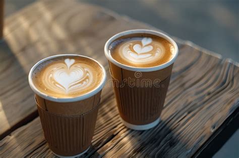 Two Takeaway Coffee Cups With Heart Shaped Latte Art Warm Sunlight