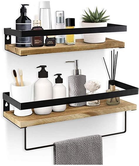 SOLLASI Rustic Bathroom Wall Shelf With Towel Holder Wood Storage