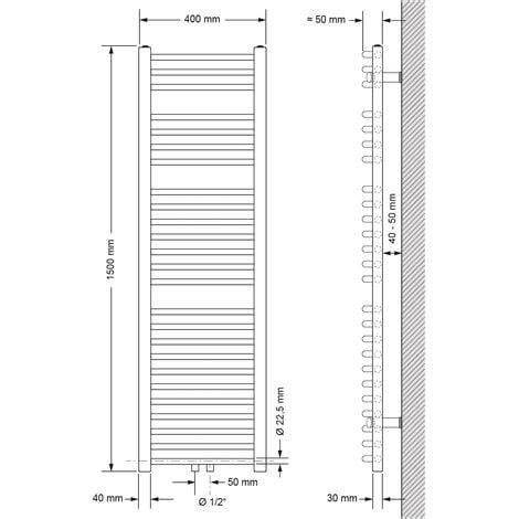 ECD Germany Radiador de baño Conexión Central del 400 x 1500 mm