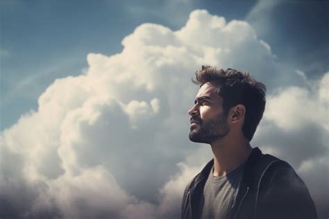 Guy looking away on white fluffy clouds background. Generate