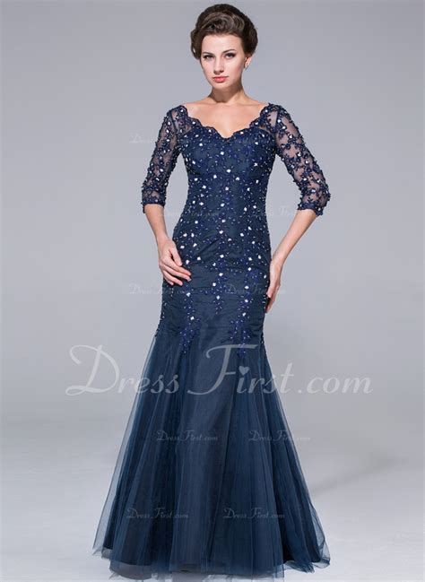 Trumpet Mermaid V Neck Floor Length Tulle Mother Of The Bride Dress