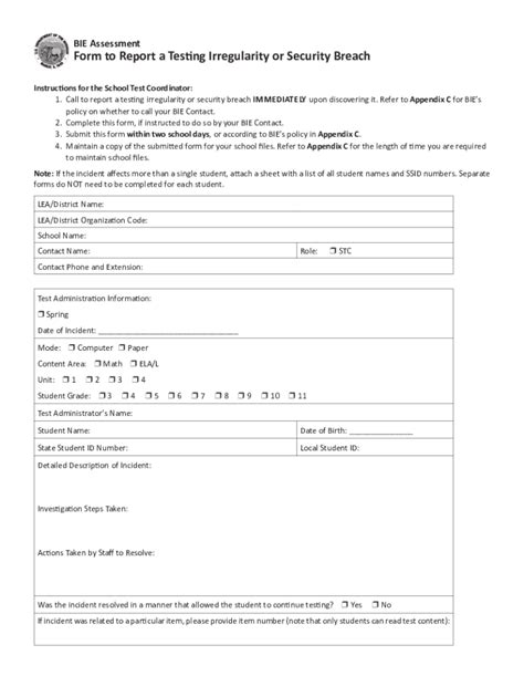 Fillable Online Testing Irregularity Or Security Breach Form Spring