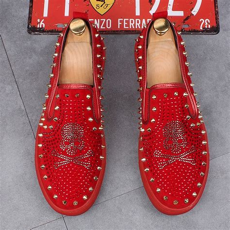 Red Suede Metal Spikes Skull Punk Rock Mens Loafers Sneakers Shoes Flats