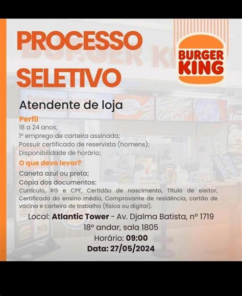 Burger King deseja contratar Atendente de loja Envie seu currículo