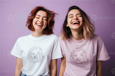 Two Women Wearing T Shirts On A Purple Background Generative Ai