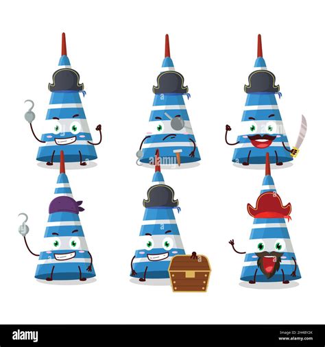 Cartoon Character Of Blue Long Trumpet With Various Pirates Emoticons