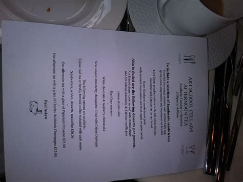 Menu at The Art School Restaurant, Liverpool