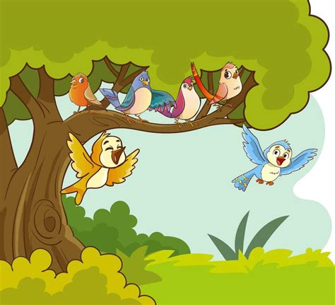 vector illustration  colorful birds sitting  beautiful trees