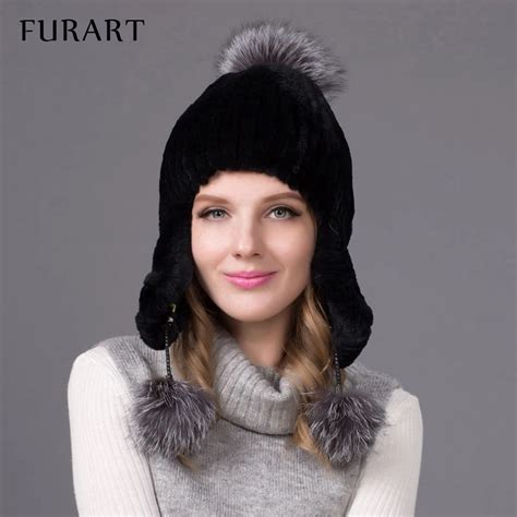 FURART Winter Fur Hats For Women Rabbit Fur Hat Silver Fox Fur With