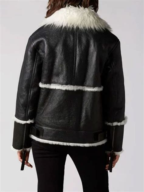 Black Leather Womens Ivory Shearling Jacket