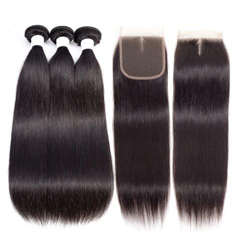 Peruvian Straight Human Hair 3 Bundles With Closure Peruvian Hair Weave ...