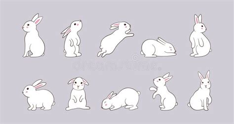 Cute Doodle Rabbits White Bunny Characters Sketch Hand Drawn Line