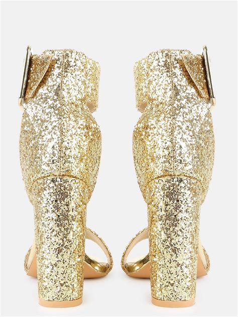 Glitter Ankle Strap Chunky Heels Gold Sheinsheinside