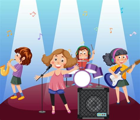 Banda de música para niños tocando instrumentos musicales Vector Premium