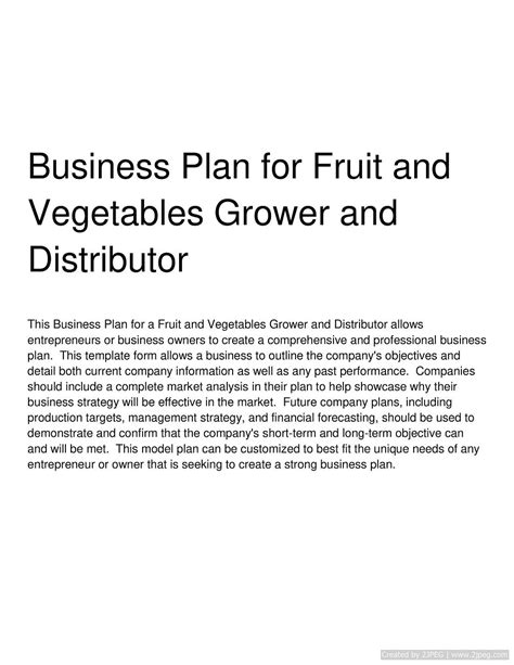 Business Plan for Fruit and Vegetables Grower and Distributor