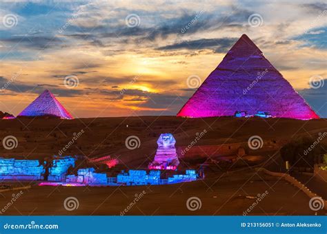 The Great Pyramids of Egypt and the Sphinx, Enlighted at Night, Giza ...