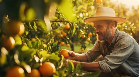 Agricultor Homem Positivo Trabalhando Em Planta O De Laranjas Colhendo