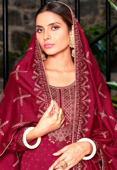 Buy Embroidered Art Silk Pakistani Suit In Maroon Online Kjc