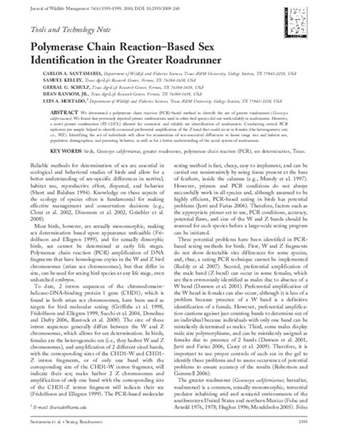 Pdf Polymerase Chain Reaction Based Sex Identification In The Greater Roadrunner Luis