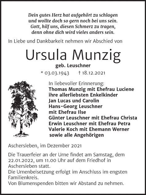 Traueranzeigen Von Ursula Munzig Abschied Nehmen De