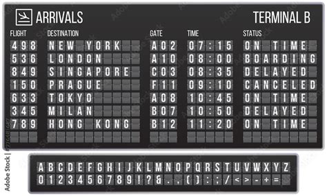 Scoreboard flip font. Arrival airport signs board, railroad arrivals and departures scoreboards ...