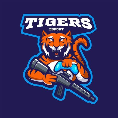 Tigre usa arma e joystick mascote ilustração de design de logotipo para