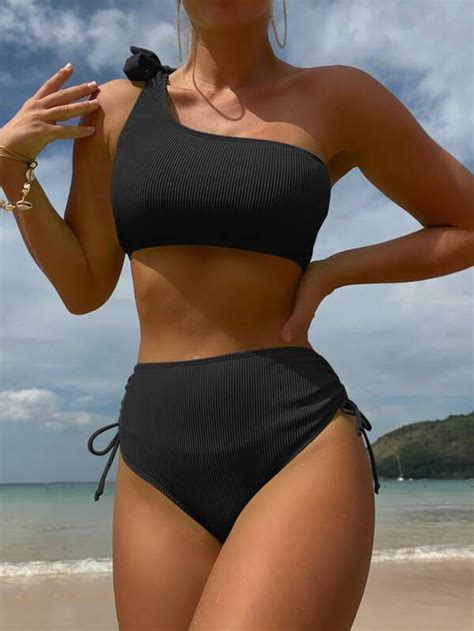 Shein Swim Basics Plain Rib One Shoulder Bikini Swimsuit Shein Usa