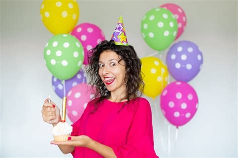 Premium Photo Happy Birthday Sexy Brunette Girl Posing With Balloons