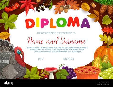 Kids Diploma Thanksgiving Turkey Autumn Harvest And Leaves