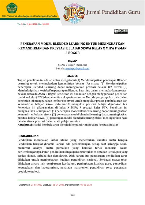 Pdf Penerapan Model Blended Learning Untuk Meningkatkan Kemandirian