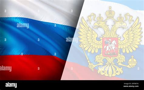 Russian flag with eagle emblem waving in wind. Realistic Russian Flag ...