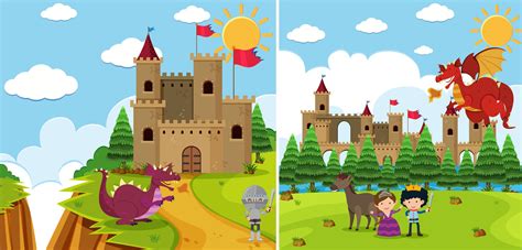 Two background scenes with dragon and knight 606092 Vector Art at Vecteezy