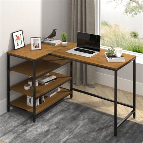 L Shape Computer Desk with Storage Shelves Writing Desk with 2-Tier Shelves, 1 unit - Food 4 Less