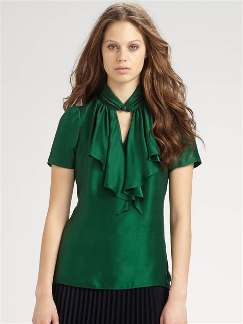 Lyst Milly Ruffled Silk Blouse In Green