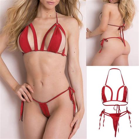 Cheap 2 Pcs Set Bikini Set Solid Color Halter Neck Strap Thong Women