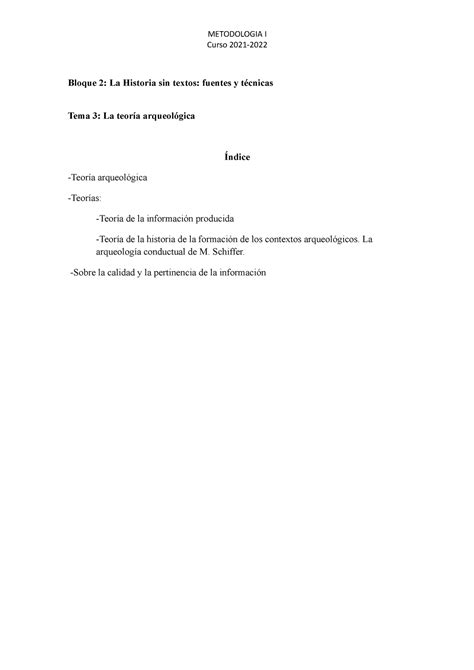 Tema Teoria Arqueologica Metodologia I Curso Bloque La