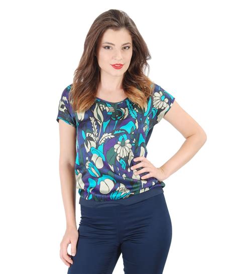 Elastic Jersey Blouse With Printed Viscose Front Dark Blue Yokko