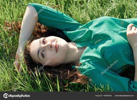 Beautiful Girl Lying Grass Sunny Day Face Closeup Summer Forest Stock ...