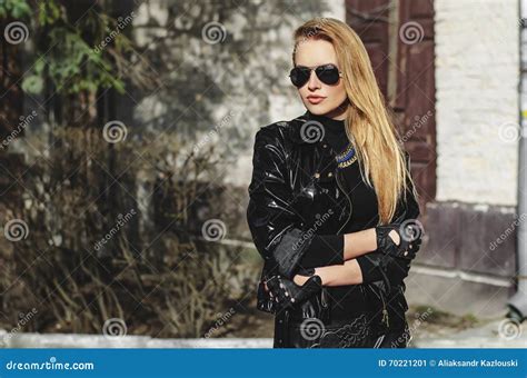 Beauty Blond Girl In Leather Jacket Stock Image Image Of Gloves Back