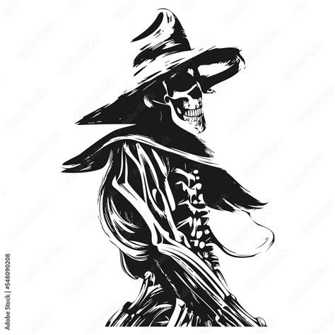 Western Cowboy Skeleton Tattoo Hand Drawn Vector Black And White