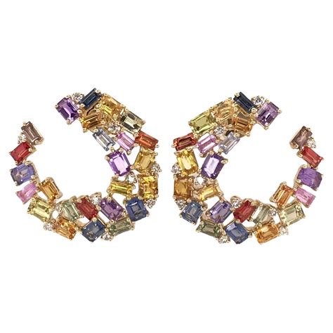 RUCHI Multi Colored Sapphire And Diamond Yellow Gold Dangle Earrings