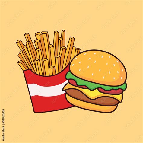 French Fries And Burger Cartoon Icon Vector Illustration Food Icon