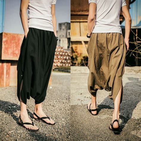 Men S Japanese Samurai Casual Loose Harem Baggy Hakama Linen Capri Cropped Pants Cropped Pants