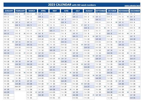 Week Numbers for 2023 : list and calendar -Calendar.best