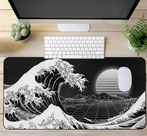 Inky Retro Vaporwave Sunset Japanese Mouse Pad Great Wave Off Kanagawa