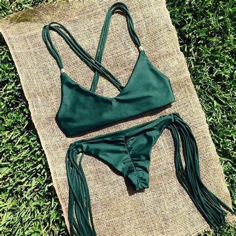 Women S Swimwear Fringed Beach Brazilian Bikini Set Wrinkled Green