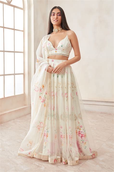 Buy White Net Printed Floral Sweetheart Neck Double Layered Lehenga Set