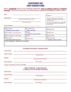 Fillable Online Nisdtx Northwest Isd New Vendor Form Fax Email Print