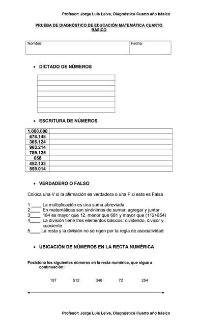 Prueba Diagnostico Matematica 5to